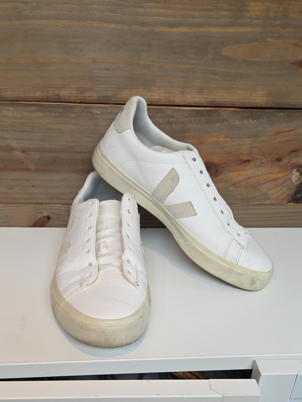 Veja White Leather Sneakers with Beige Suede Accents